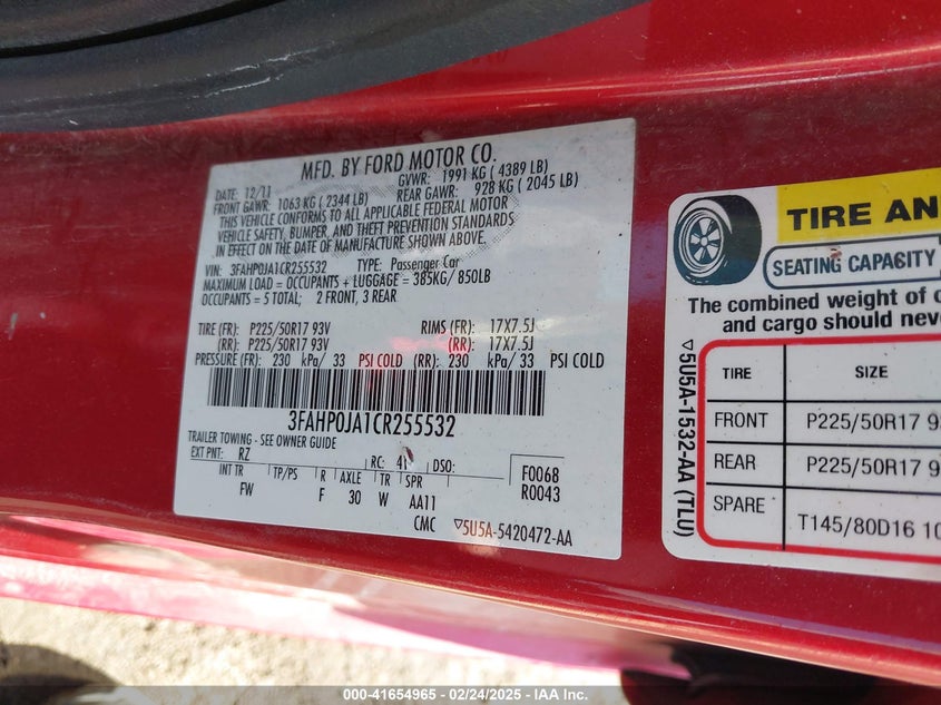 2012 FORD FUSION VIN: 3FAHP0JA1CR255532