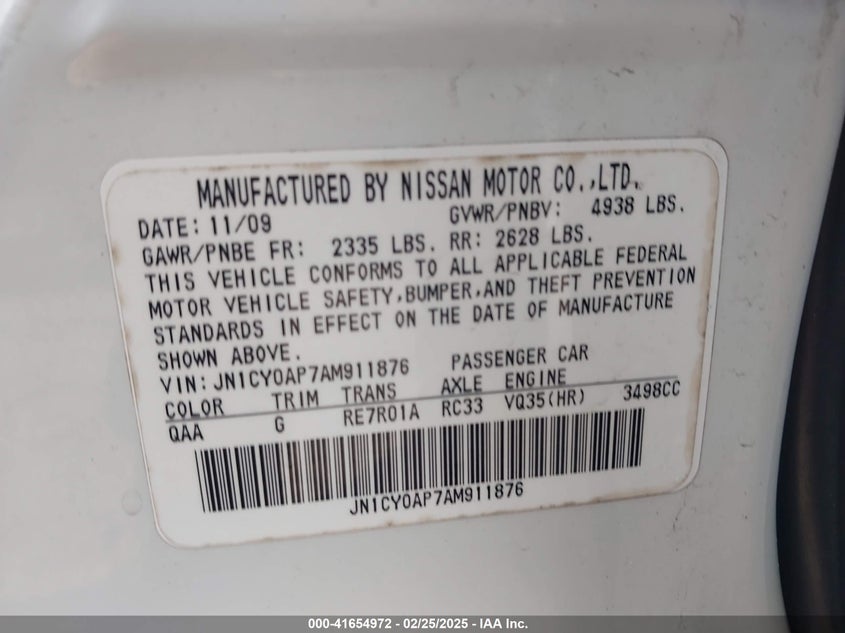 2010 INFINITI G37 VIN: JN1CY0AP7AM911876