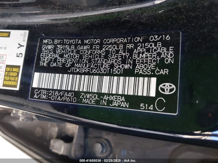 2016 Toyota Prius Two VIN: JTDKBRFU6G3011501 Lot: 41655036