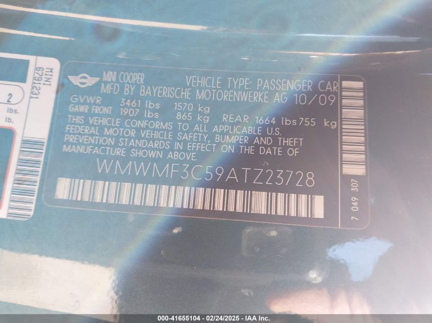 2010 Mini Cooper VIN: WMWMF3C59ATZ23728 Lot: 41655104