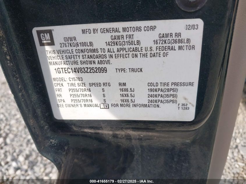 2003 GMC Sierra 1500 Sle VIN: 1GTEC14V83Z252099 Lot: 41655179