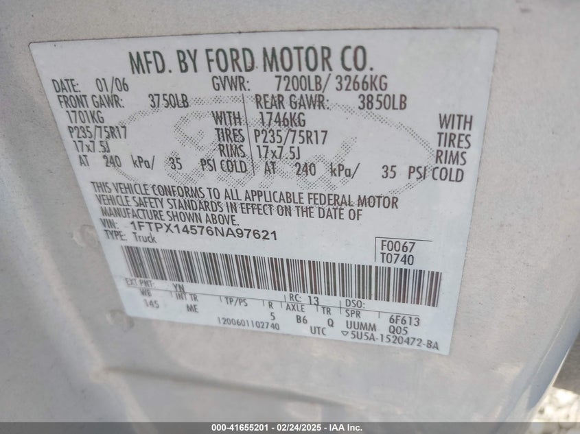 2006 FORD F-150 VIN: 1FTPX14576NA97621