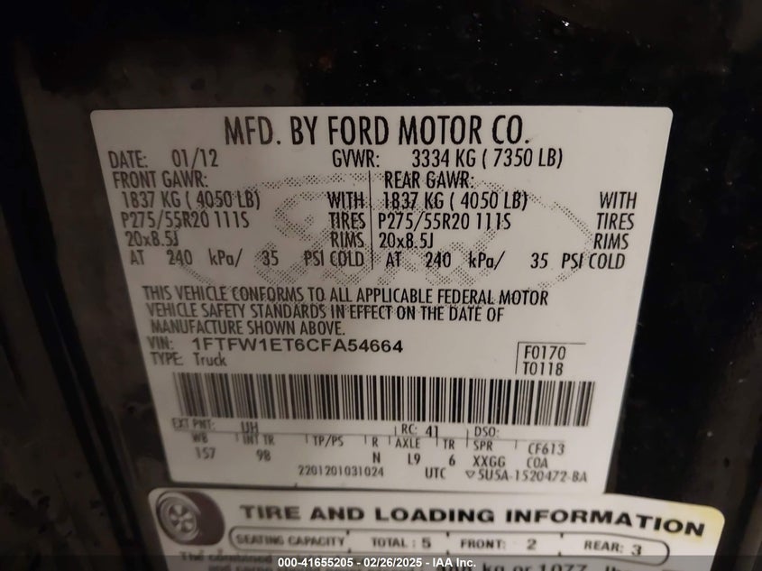 2012 FORD F-150 VIN: 1FTFW1ET6CFA54664