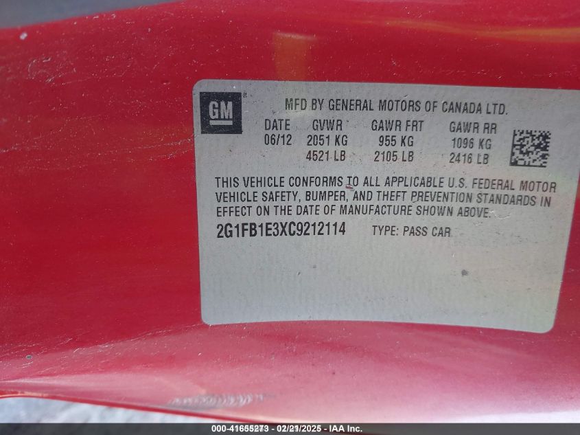 2012 Chevrolet Camaro 1Lt VIN: 2G1FB1E3XC9212114 Lot: 41655273