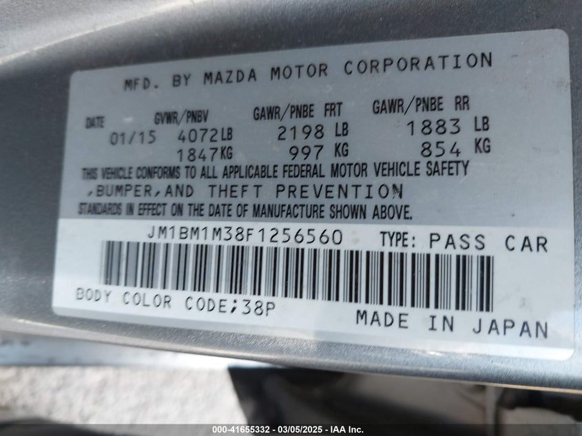 2015 MAZDA MAZDA3 VIN: JM1BM1M38F1256560