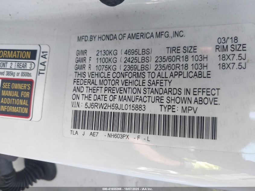 2018 Honda Cr-V Ex VIN: 5J6RW2H59JL015883 Lot: 41655366
