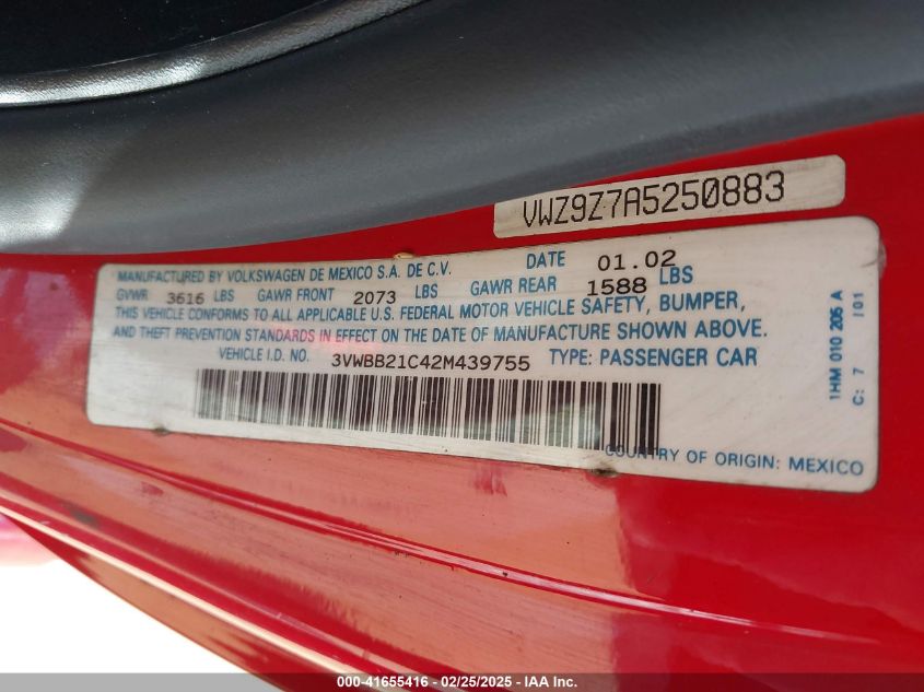 2002 Volkswagen New Beetle Gl VIN: 3VWBB21C42M439755 Lot: 41655416