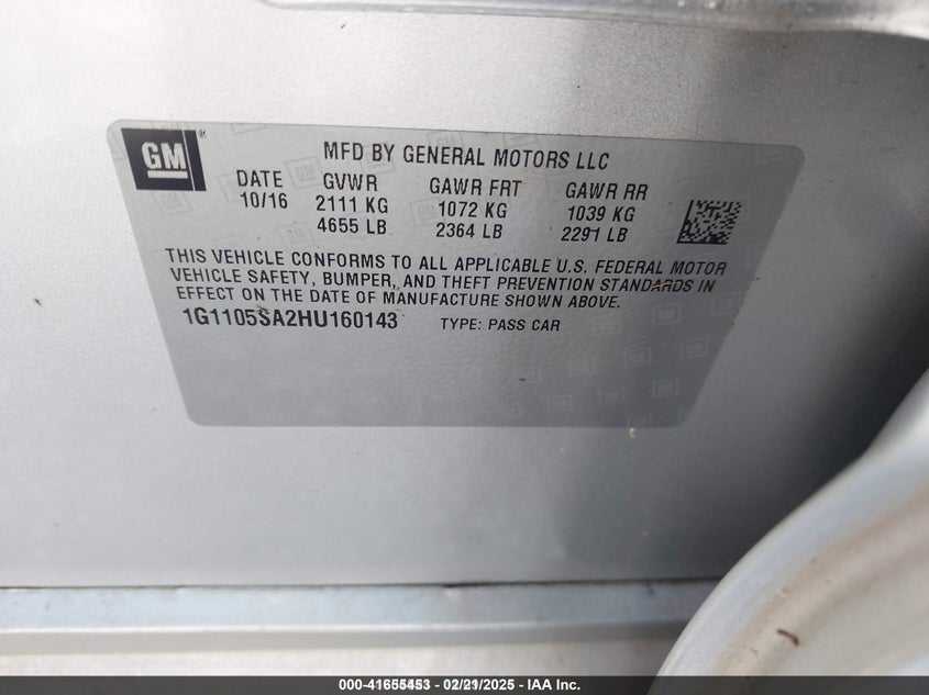 2017 CHEVROLET IMPALA VIN: 1G1105SA2HU160143