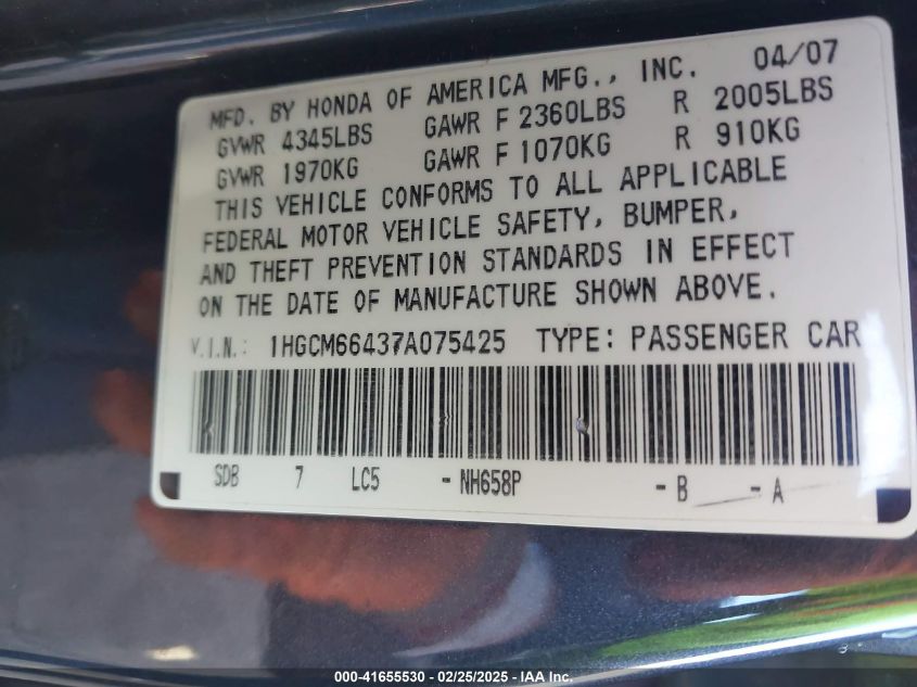 2007 Honda Accord 3.0 Se VIN: 1HGCM66437A075425 Lot: 41655530