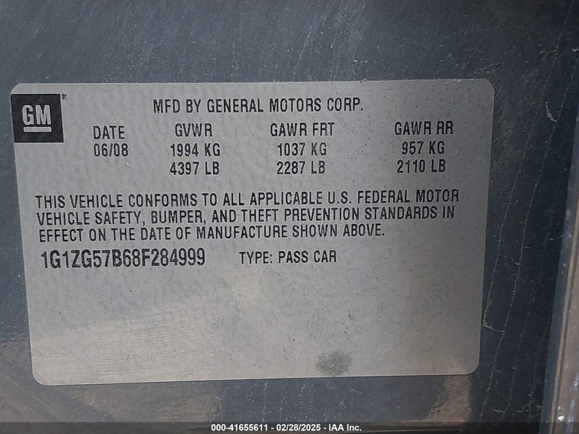 2008 CHEVROLET MALIBU VIN: 1G1ZG57B68F284999