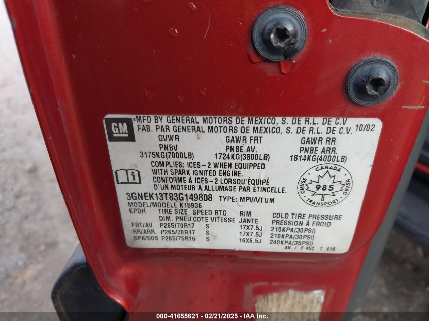 2003 Chevrolet Avalanche 1500 VIN: 3GNEK13T83G149808 Lot: 41655621