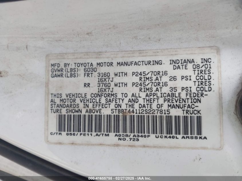 2002 Toyota Tundra Sr5 V8 VIN: 5TBBT44112S227815 Lot: 41655755