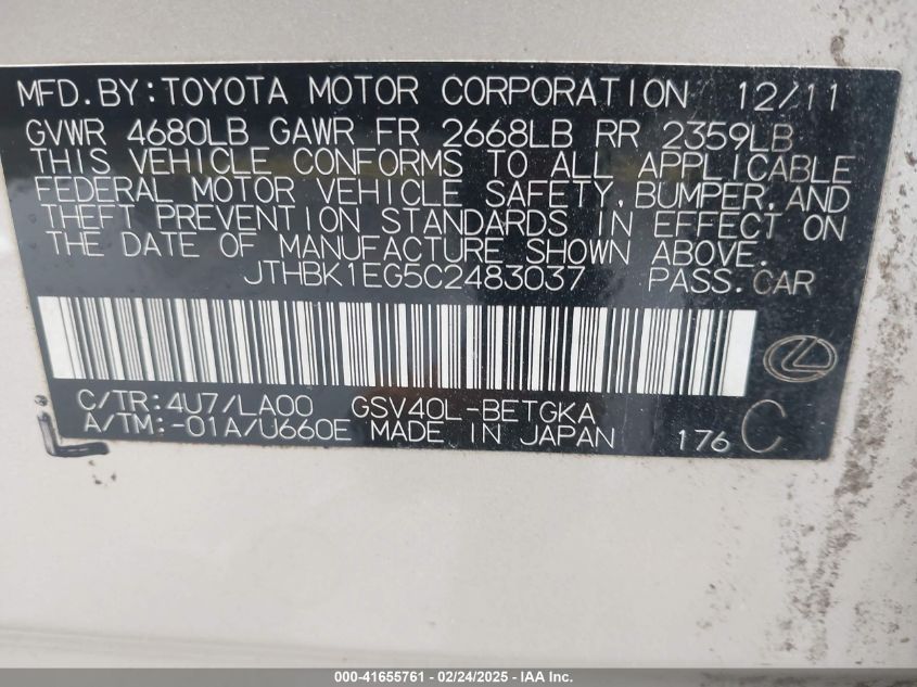 2012 Lexus Es 350 VIN: JTHBK1EG5C2483037 Lot: 41655761