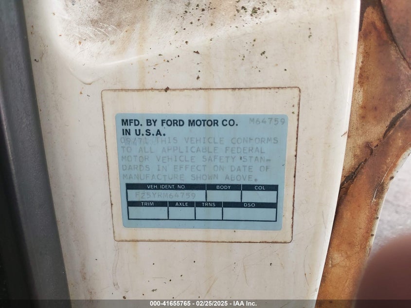 1972 Ford F250 VIN: F25YRM64759 Lot: 41655765