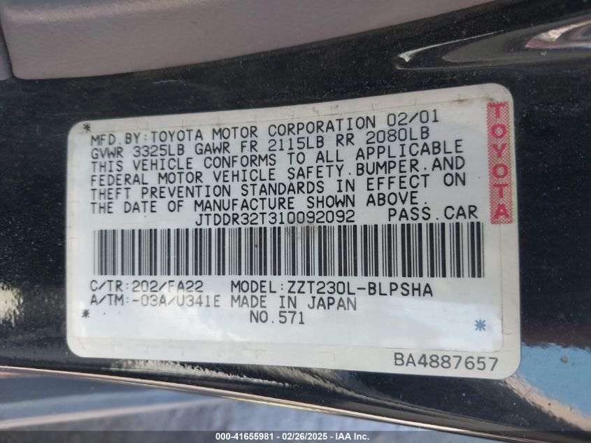 2001 Toyota Celica Gt VIN: JTDDR32T310092092 Lot: 41655981