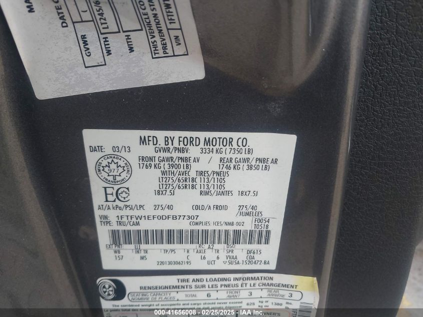 2013 Ford F-150 Xlt VIN: 1FTFW1EF0DFB77307 Lot: 41656008