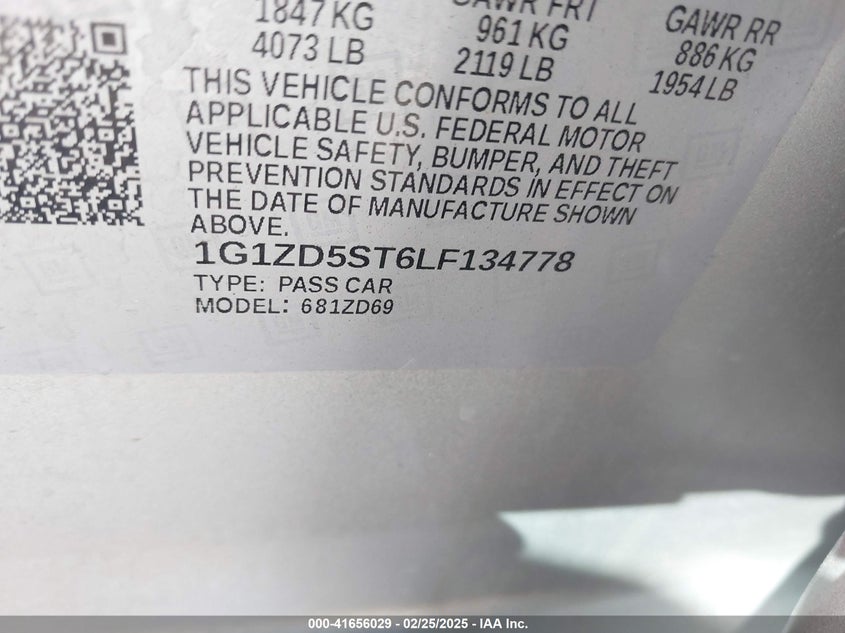 2020 CHEVROLET MALIBU VIN: 1G1ZD5ST6LF134778