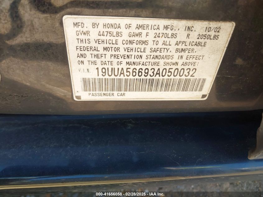 2003 Acura Tl 3.2 VIN: 19UUA56693A050032 Lot: 41656058