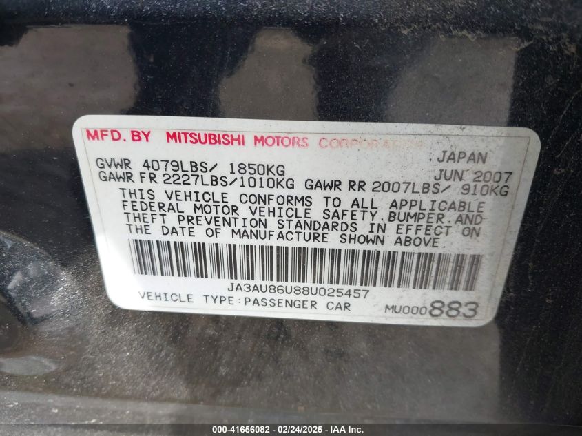 2008 Mitsubishi Lancer Gts VIN: JA3AU86U88U025457 Lot: 41656082