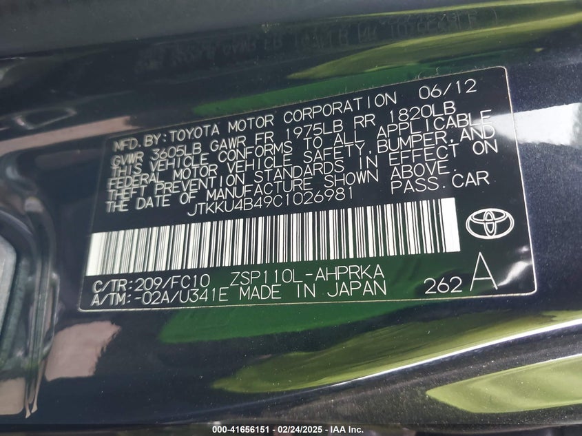 2012 SCION XD VIN: JTKKU4B49C1026981