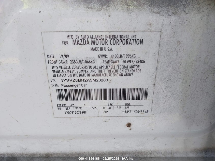 2010 MAZDA MAZDA6 VIN: 1YVHZ8BH2A5M23283