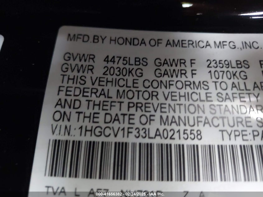 2020 HONDA ACCORD VIN: 1HGCV1F33LA021558