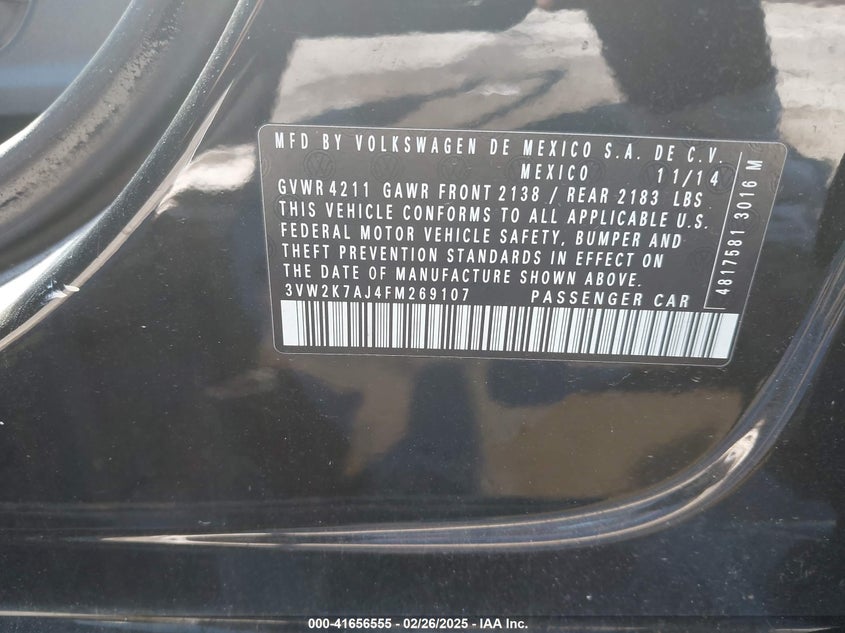 2015 VOLKSWAGEN JETTA VIN: 3VW2K7AJ4FM269107