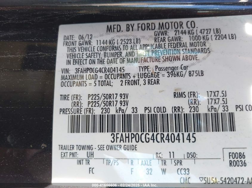 2012 Ford Fusion Sel VIN: 3FAHP0CG4CR404145 Lot: 41656606