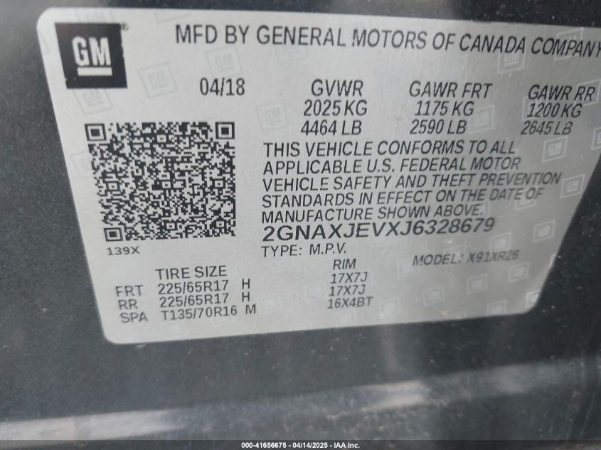 2018 Chevrolet Equinox Lt VIN: 2GNAXJEVXJ6328679 Lot: 41656675