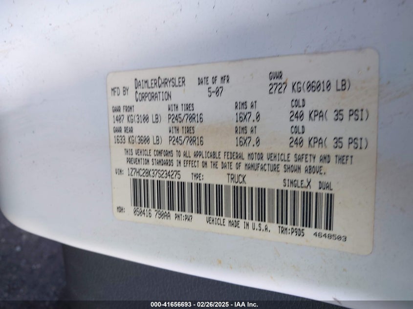 2007 Mitsubishi Raider Ls VIN: 1Z7HC28K37S234275 Lot: 41656693