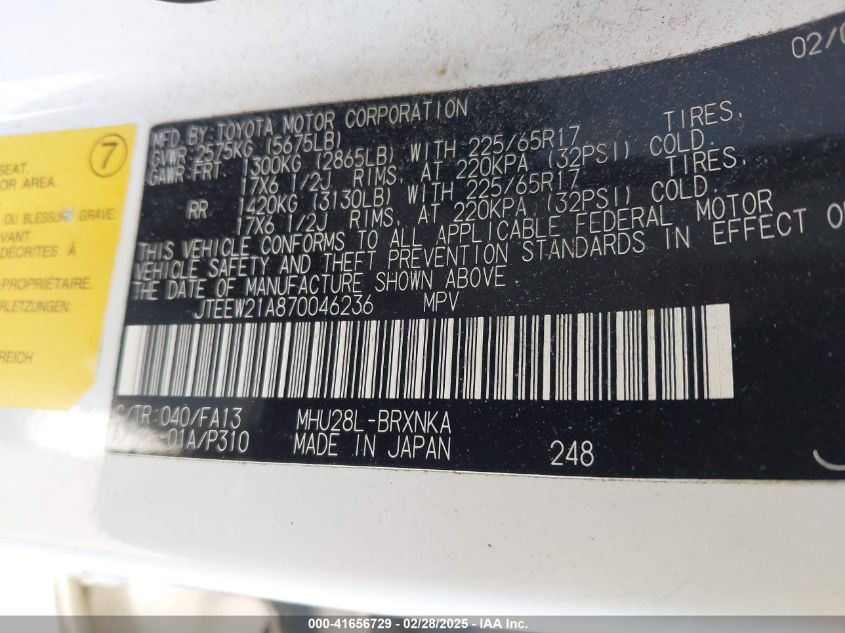 2007 Toyota Highlander Hybrid V6 VIN: JTEEW21A870046236 Lot: 41656729