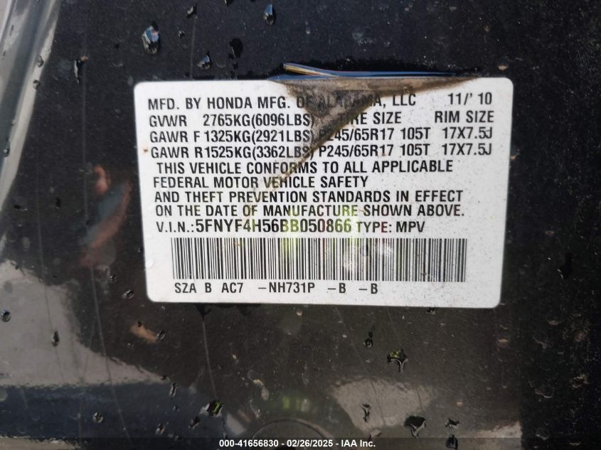 2011 Honda Pilot Ex-L VIN: 5FNYF4H56BB050866 Lot: 41656830