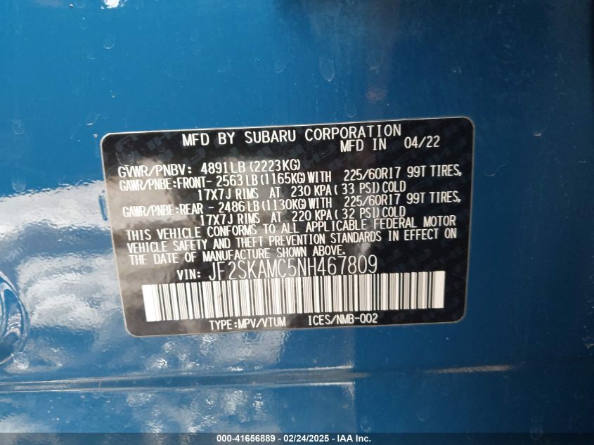 2022 Subaru Forester VIN: 1F2SKAMC5NH467809 Lot: 41656889
