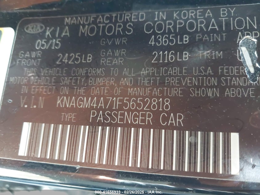 2015 KIA OPTIMA VIN: KNAGM4A71F5652818
