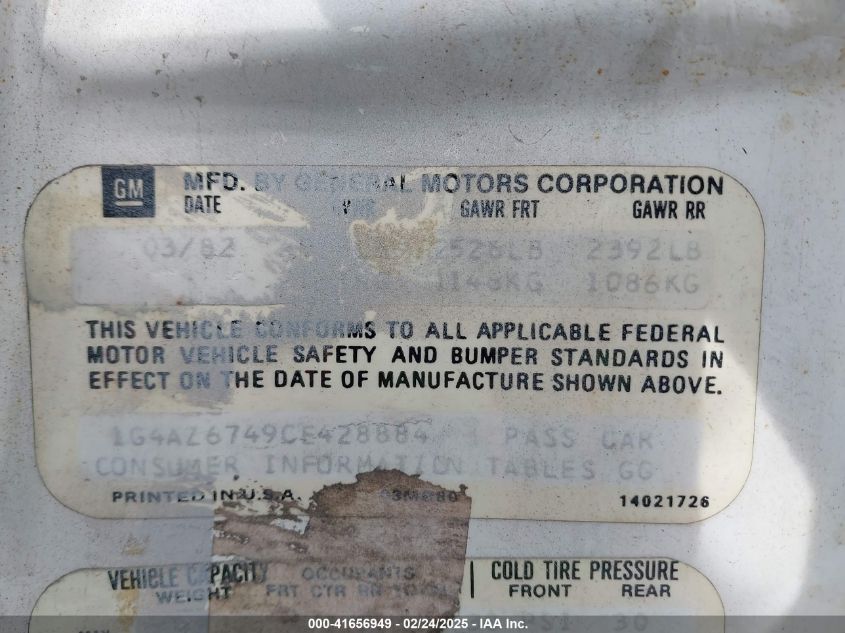 1982 Buick Riviera VIN: 1G4AZ6749CE428884 Lot: 41656949