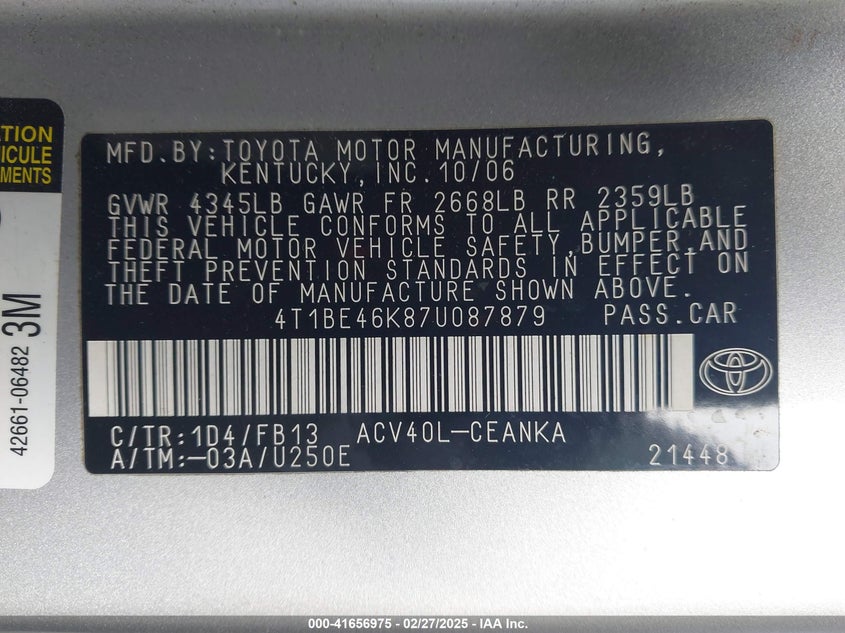 2007 TOYOTA CAMRY VIN: 4T1BE46K87U087879