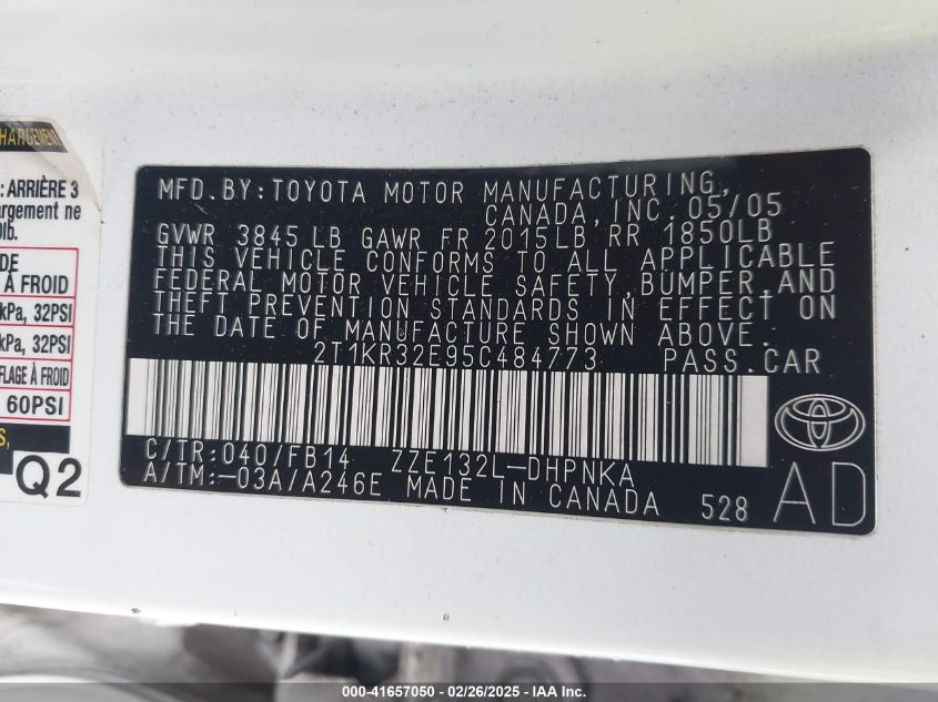 2005 Toyota Matrix Xr VIN: 2T1KR32E95C484773 Lot: 41657050