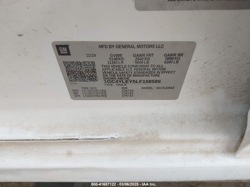 2020 Chevrolet Silverado 2500Hd 4Wd Long Bed Wt VIN: 1GC4YLEY5LF158586 Lot: 41657122