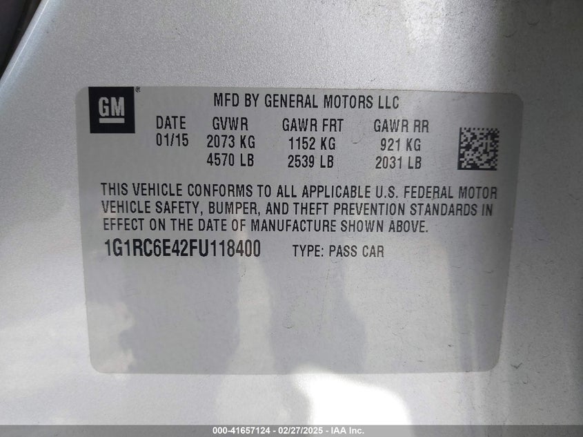 2015 CHEVROLET VOLT VIN: 1G1RC6E42FU118400