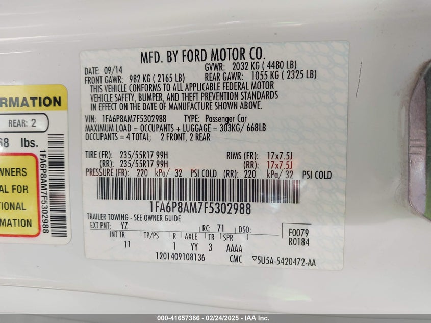 2015 FORD MUSTANG VIN: 1FA6P8AM7F5302988