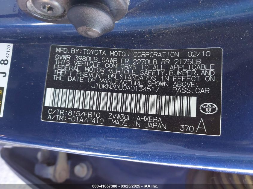 2010 Toyota Prius Iii VIN: JTDKN3DU0A0134517 Lot: 41657388