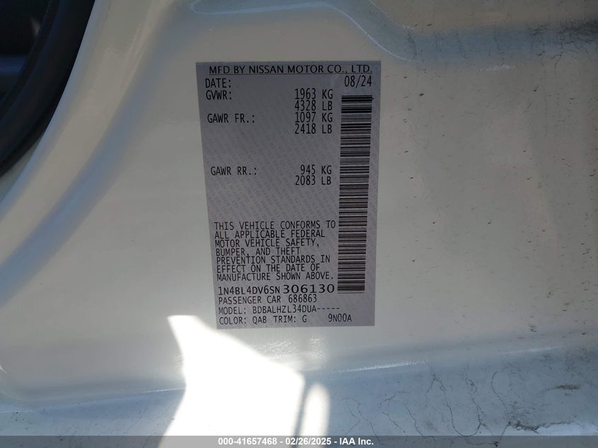 2025 NISSAN ALTIMA VIN: 1N4BL4DV6SN306130