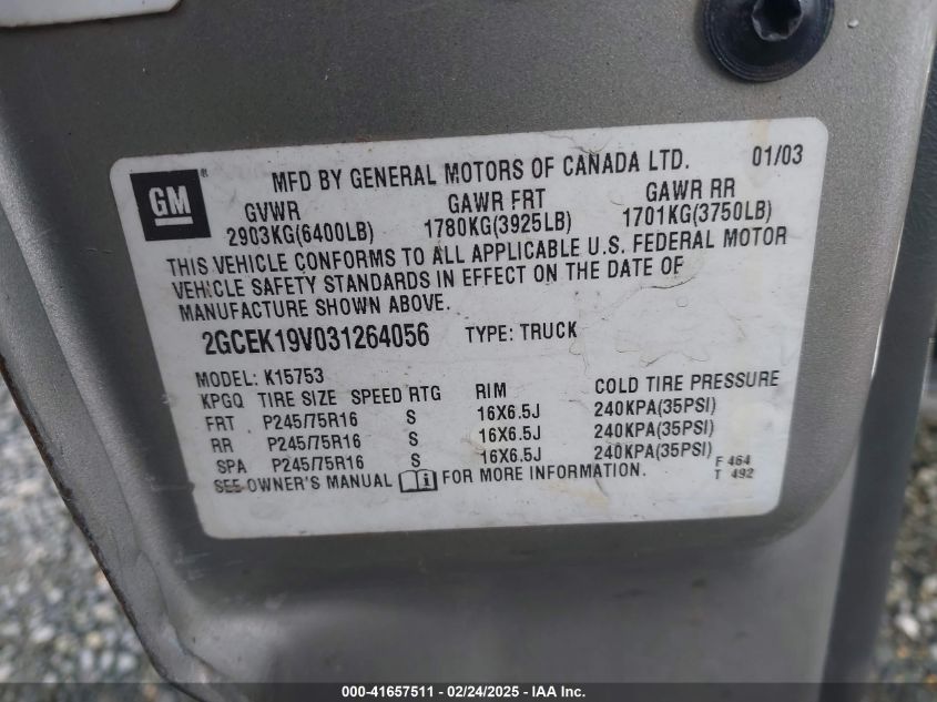 2003 Chevrolet Silverado 1500 Ls VIN: 2GCEK19V031264056 Lot: 41657511