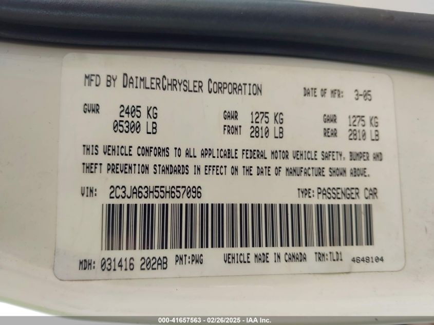 2005 Chrysler 300C VIN: 2C3JA63H55H657096 Lot: 41657563