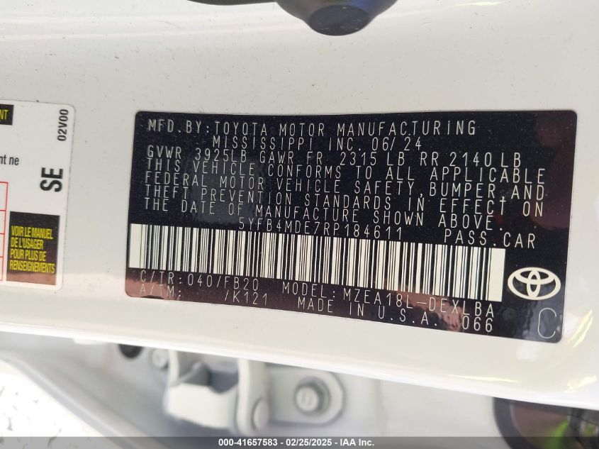 2024 Toyota Corolla Le VIN: 5YFB4MDE7RP184611 Lot: 41657583