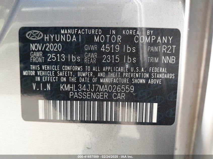 2021 HYUNDAI SONATA VIN: KMHL34JJ7MA026559