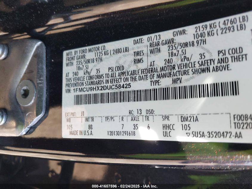 2013 Ford Escape Sel VIN: 1FMCU9HX2DUC58425 Lot: 41657596