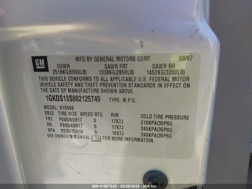 2008 GMC Envoy Sle VIN: 1GKDS13S882125749 Lot: 41657625