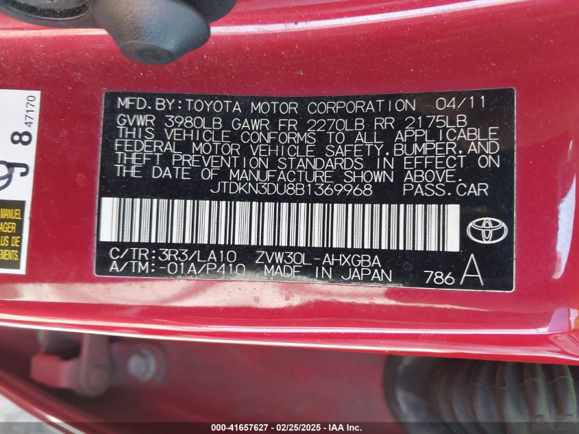 2011 Toyota Prius VIN: JTDKN3DU8B1369968 Lot: 41657627