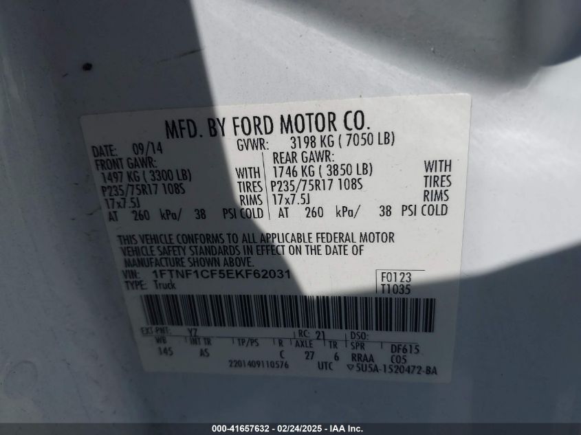 2014 Ford F-150 Xl VIN: 1FTNF1CF5EKF62031 Lot: 41657632